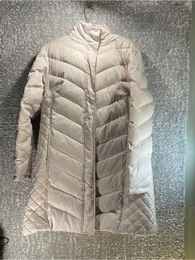 Kenneth Cole Reaction Puffer Coat XXL Beige Faux Fur Hood Duck Down Fill READ